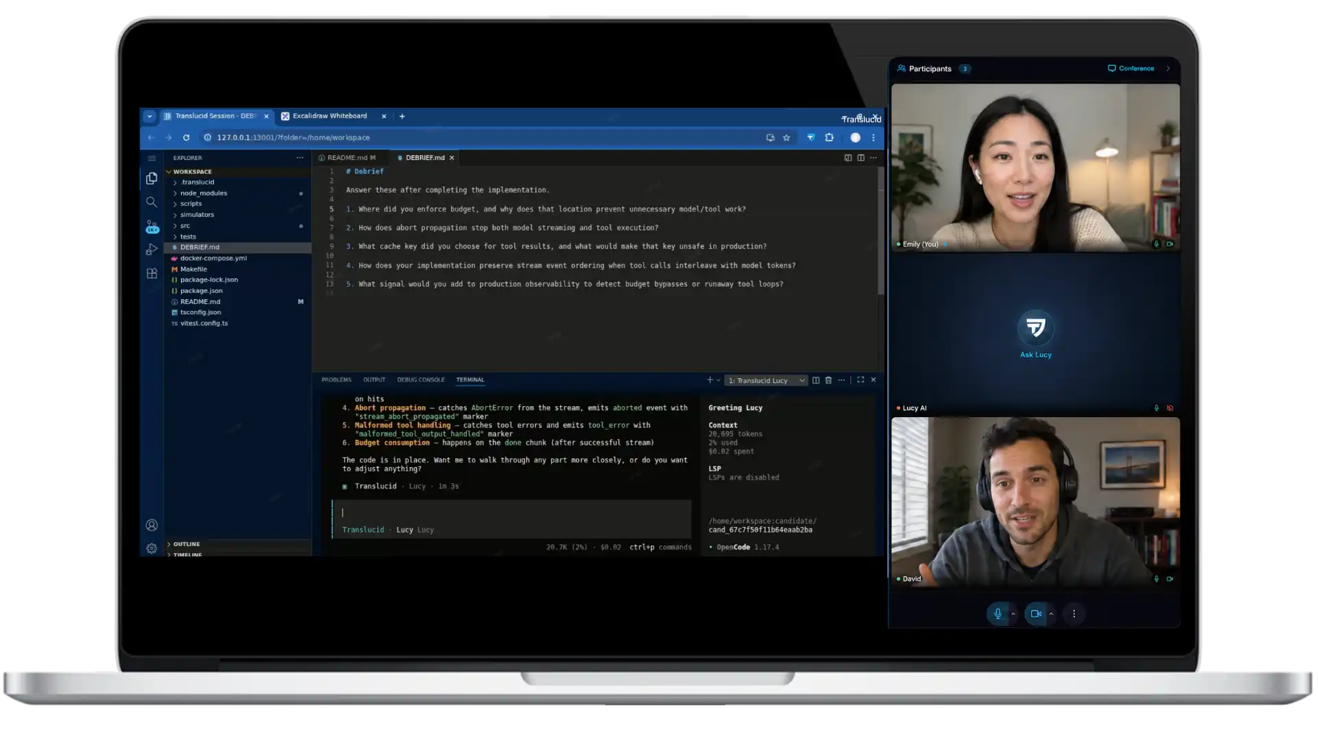 Translucid interview session — IDE, terminal, video, AI assistant